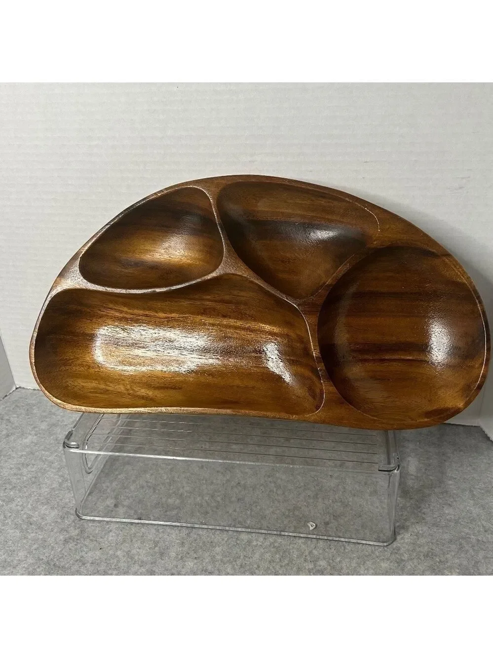 Vintage Monkeypod Wood Trinket Dish 4 Sections No Flaws 13.5x7x1.5”